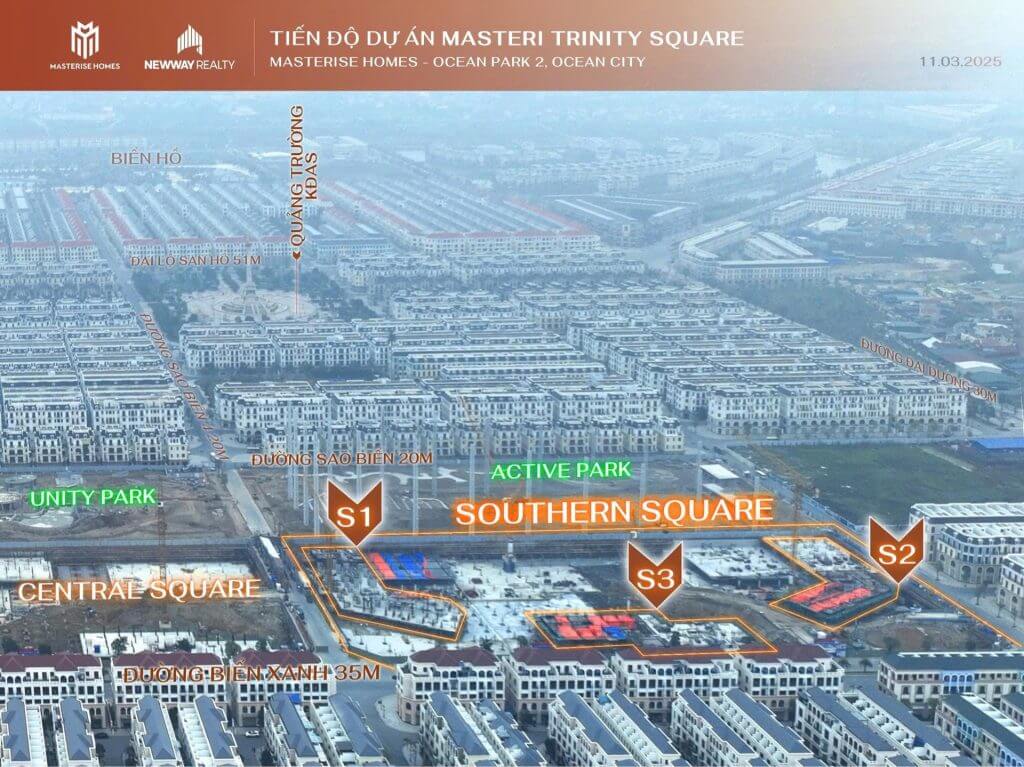 Phân khu Southern Square (S1, S2, S3) đang được triển khai mạnh mẽ với công trường thi công rầm rộ. Cùng với đó, các tiện ích như Active Park và các tuyến đường trọng điểm cũng đang được định hình rõ nét