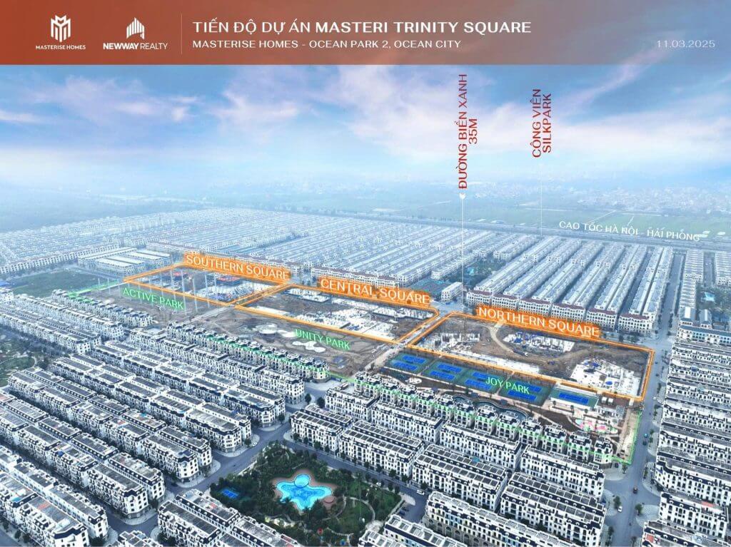 Nhìn từ trên cao, dự án Masteri Trinity Square đang ngày càng hoàn thiện với các phân khu chính Southern Square, Central Square, Northern Square và hệ thống công viên như Joy Park, Unity Park, Active Park
